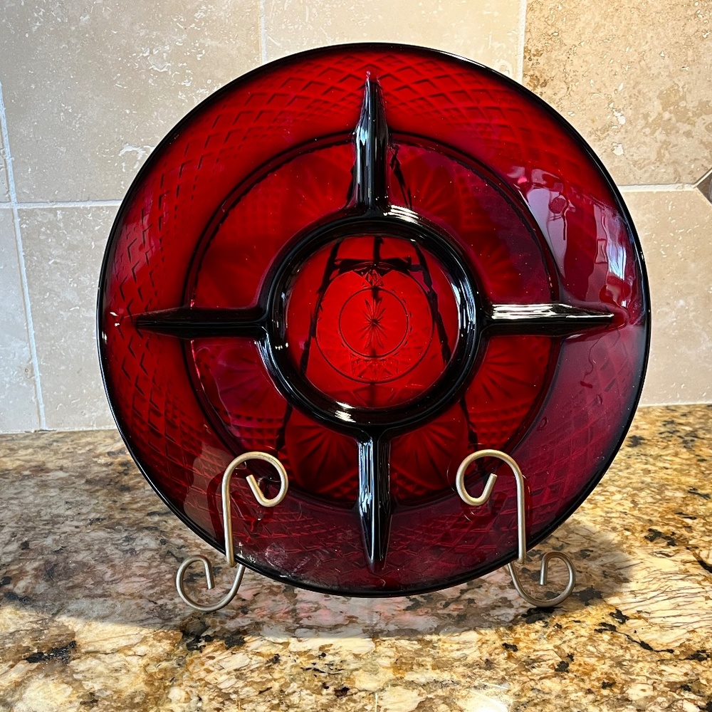 Luminarc Ruby Red Divided Relish Dish - Made in France